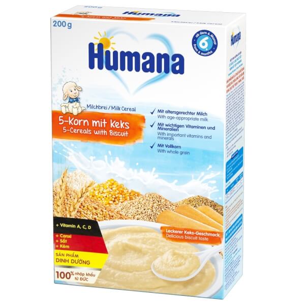 Bột dinh dưỡng ăn dặm Humana có sữa 5 loại ngũ cốc-bánh bít quy - Humana Milchbrei 5-Korn Mit Keks