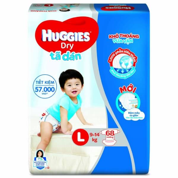 Combo 2 Bỉm tã dán Huggies Dry size L 68 miếng (9 - 14kg)