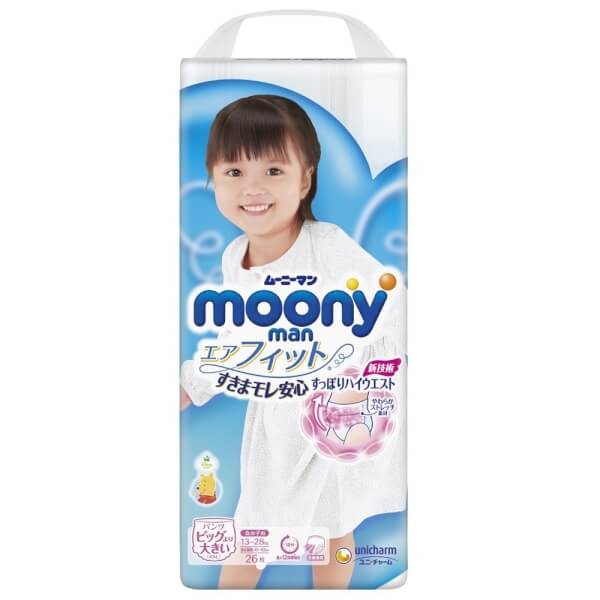 Bỉm tã quần Nhật cao cấp Moony bé gái size XXL 26 miếng (13-28kg)