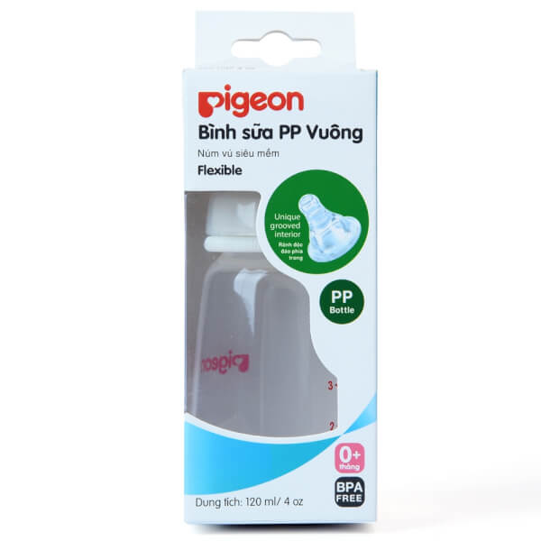 Bình sữa Pigeon nhựa PP BPA Free cổ hẹp vuông 120ml