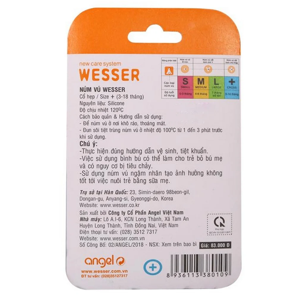 Vỉ 2 núm ty Wesser silicone cổ hẹp size +