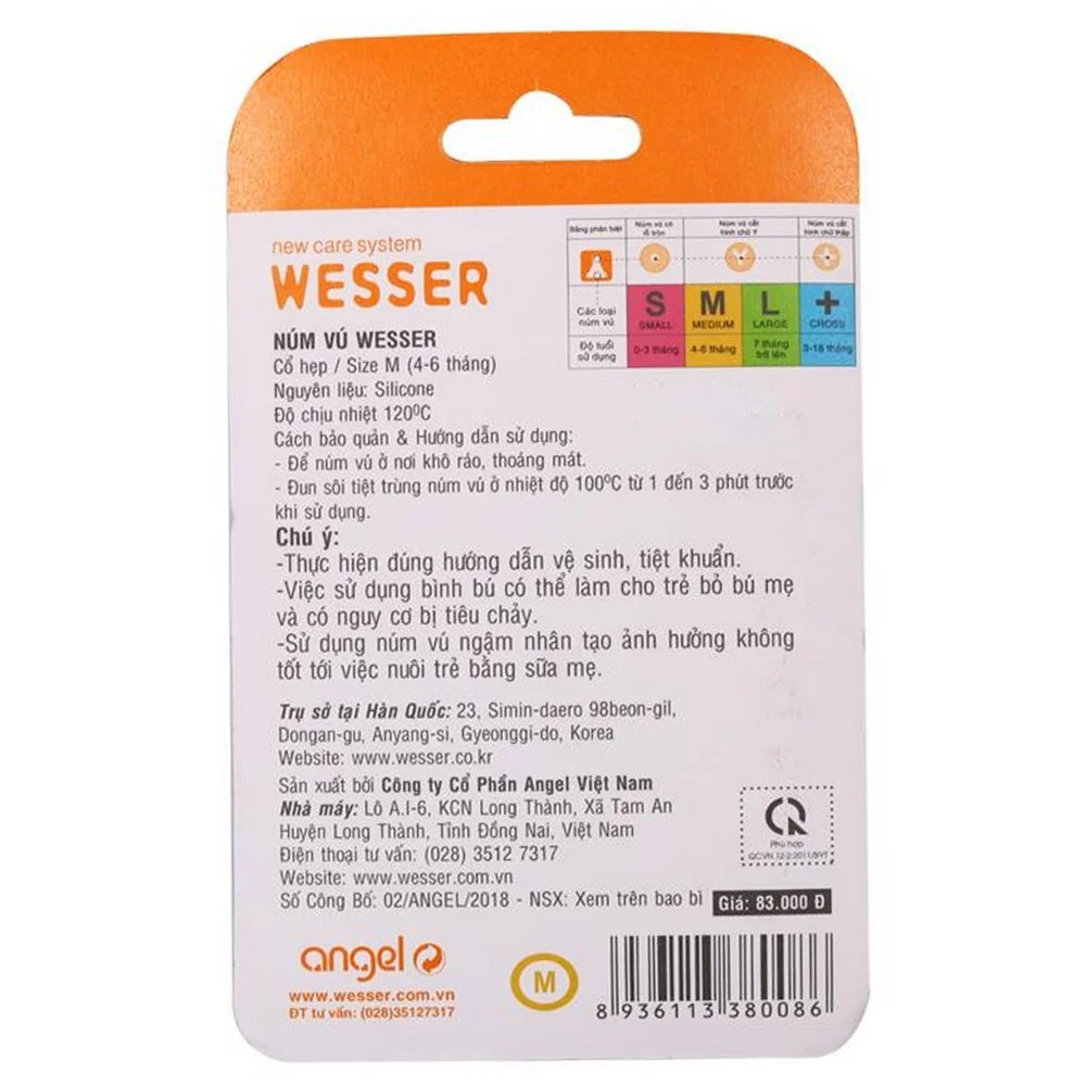 Vỉ 2 núm ty Wesser silicone cổ hẹp size M