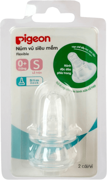 Núm ty thay bình sữa Pigeon cổ hẹp size S, 2 cái (0M+, lỗ tròn)