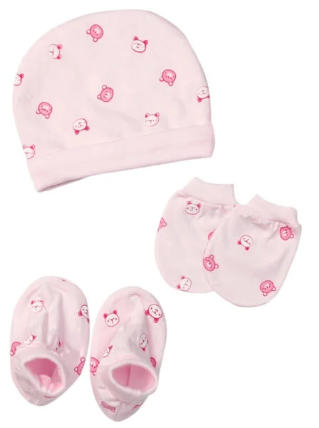 Bộ nón bao tay chân sơ sinh bo CF Hồng