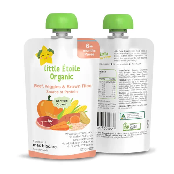 Combo 2 thực phẩm dinh dưỡng hữu cơ Little Étoile Organic Beef, Veggies & Brown Rice Source of Protein