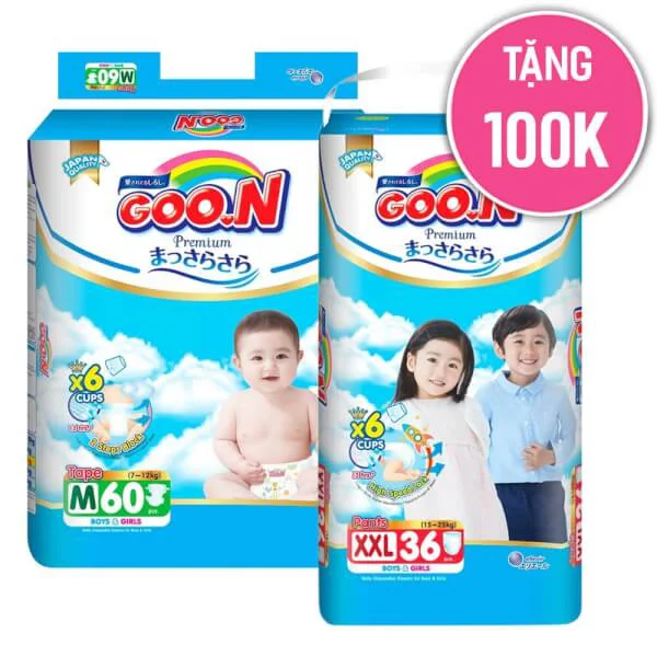 Combo 2 gói Tã Goon Premium bịch đại: 1 gói Tã Dán + 1 gói Tã Quần