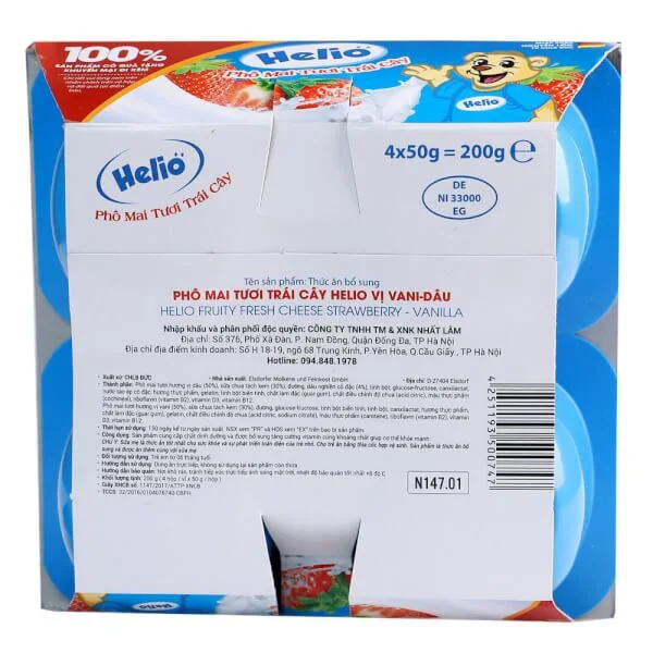 Phô mai tươi trái cây Helio vị vani - dâu - Helio Fruity fresh cheese strawberry - vanilla (50g) - Lốc 4