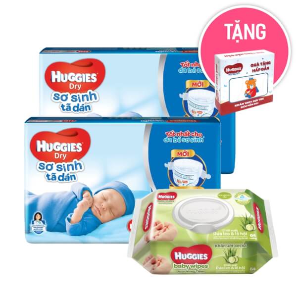 Combo 2 Tã dán sơ sinh Huggies (Newborn, dưới 5kg, 58 miếng)+ Khăn ướt Huggies 64 miếng