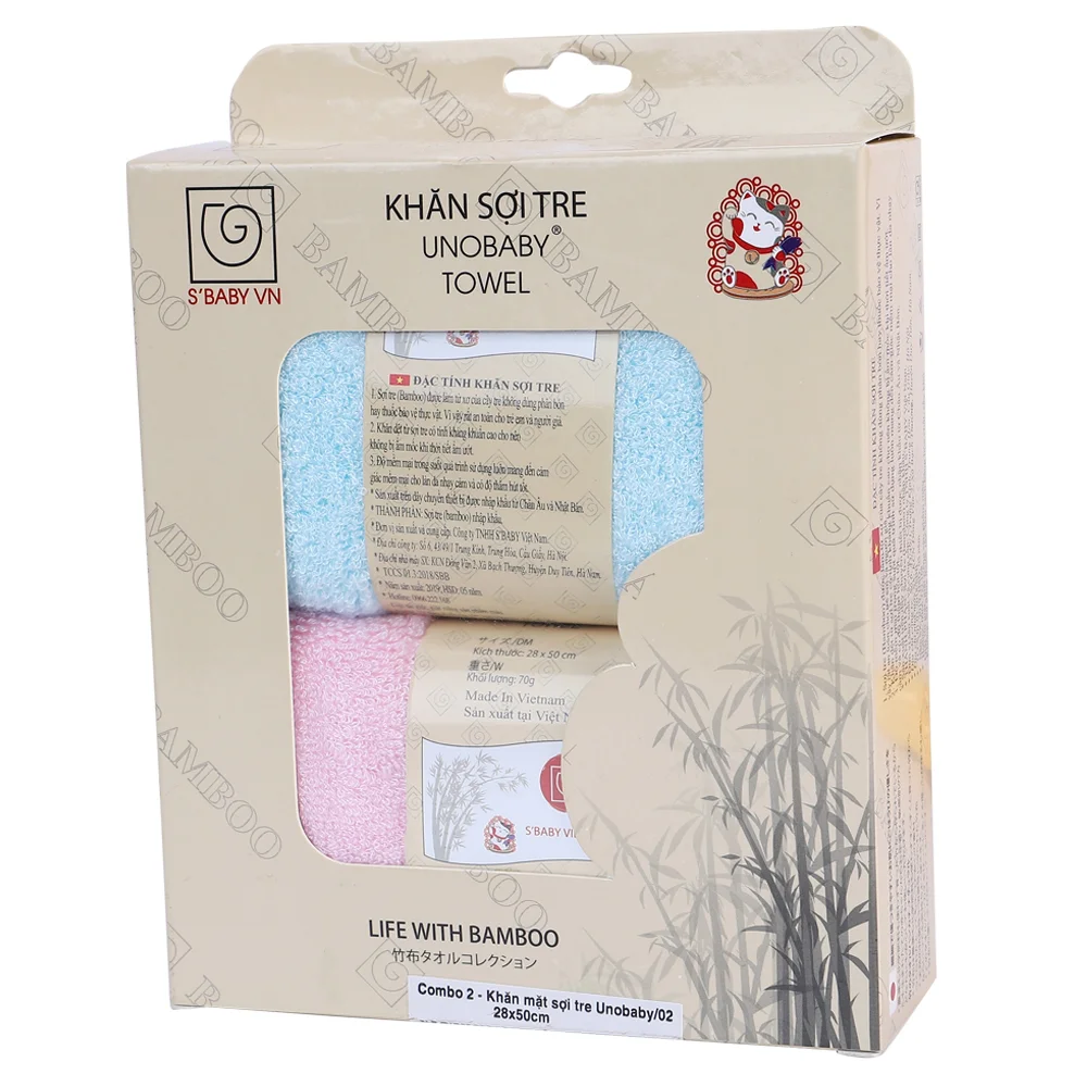 Khăn mặt sợi tre Unobaby 28x50 (1 hộp gồm 2 khăn)
