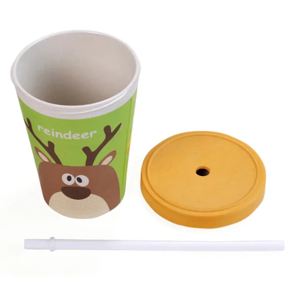Ly uống nước sợi tre nắp đậy, ống hút hình con nai (DS21389BF , 7915)