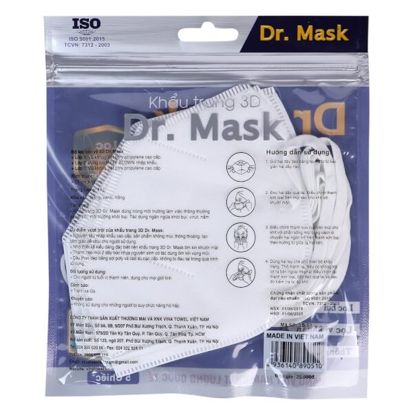 Khẩu trang người lớn 3D S1 Dr.Mask 5 cái/ túi