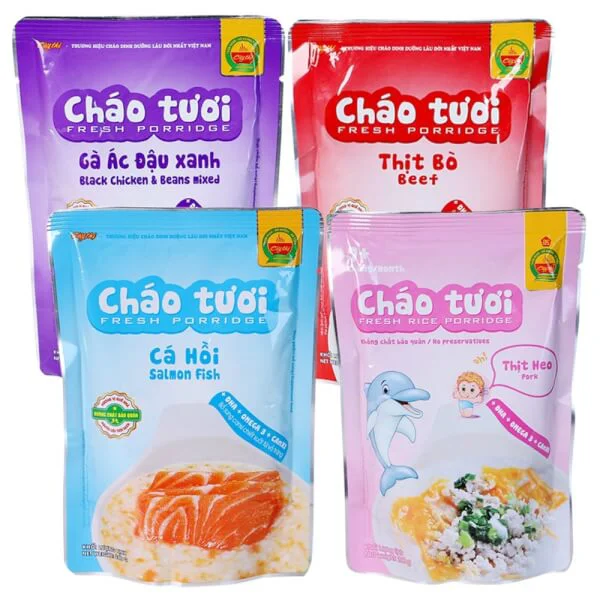 Combo 4 Gói Cháo Cây Thị vị hỗn hợp: gà ác đậu xanh, thịt bò, cá hồi, thịt heo