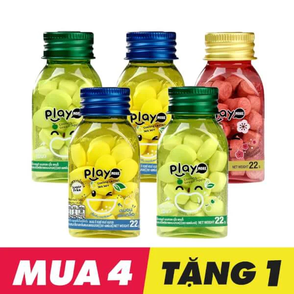 Combo 4 Kẹo the Playmore hũ 22g (2 vị táo xanh 2 vị chanh muối) tặng 1 vị xí muội