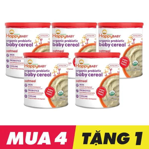 Combo 4 Bột ăn dặm ngũ cốc yến mạch Happy Baby Organic Probiotic Baby Cereal tặng 1 hộp cùng loại