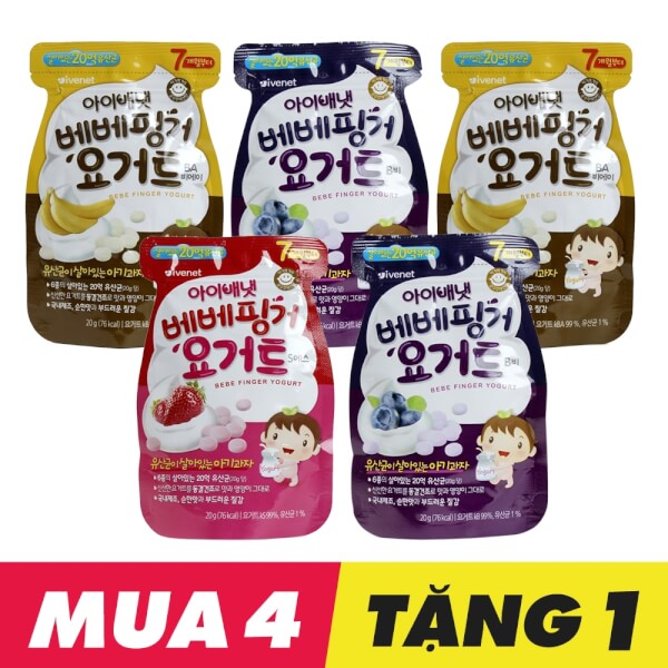 Combo 4 Snack sữa chua sấy khô Ivenet Bebe vị chuối và vị việt quất tặng 1 snack sữa chua cùng loại