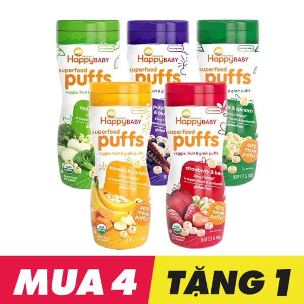 Combo 4 Bánh ăn dặm Happy Baby Superfood Puffs tặng 1 bánh ăn dặm Happy Baby Superfood