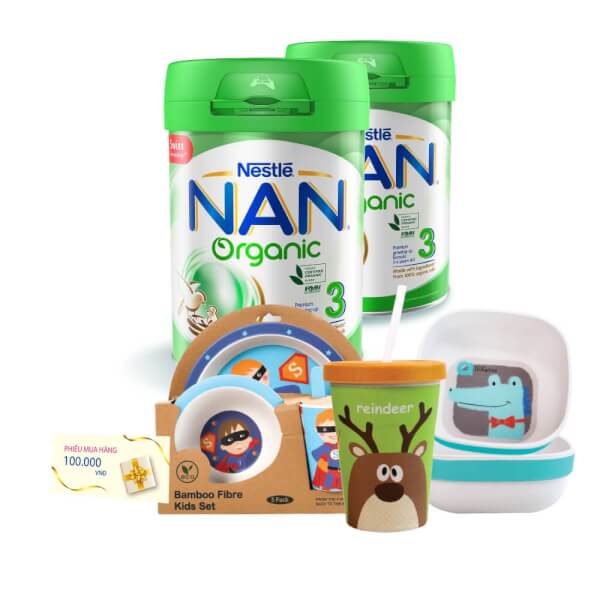 Combo 2 lon Nestle NAN Organic 3, 2 - 6 tuổi, 900g tặng bộ đồ dùng ăn uống hoặc ly uống nước và chén vuông sợi tre