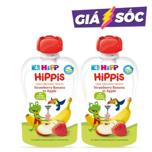 Combo 2 Dinh dưỡng 100% trái cây nghiền hữu cơ HiPPiS Organic (Dâu tây, Chuối, Táo)