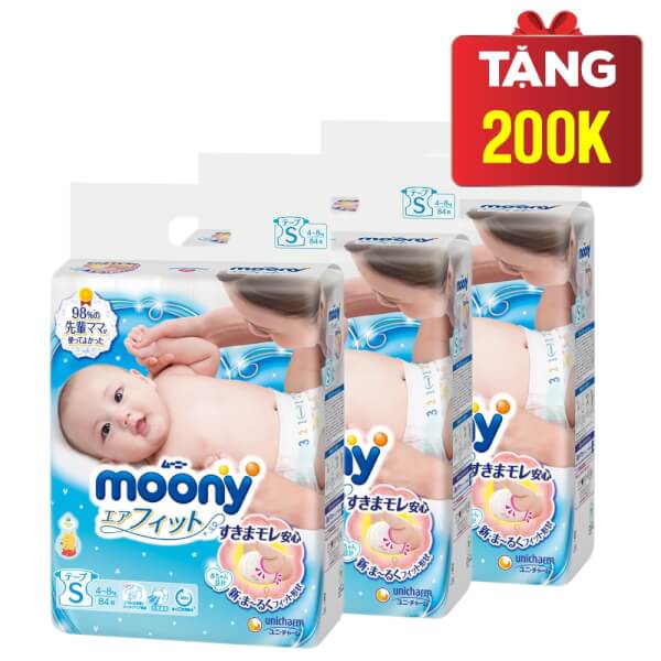 Combo 3 gói Bỉm tã dán Moony size S 84 miếng (4-8kg)