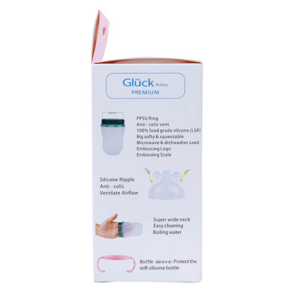 Bình sữa Gluck Baby Premium silicone có tay cầm cổ rộng 240ml (Hồng)