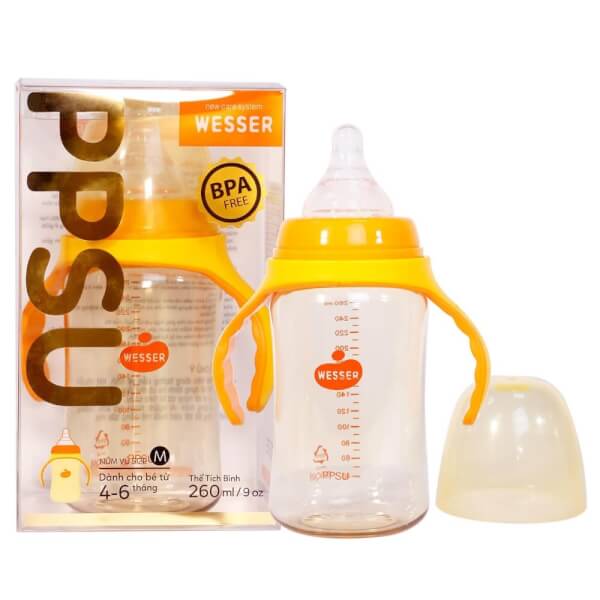 Bình sữa Wesser nhựa PPSU có tay cầm cổ rộng 260ml (Giao bao bì ngẫu nhiên)