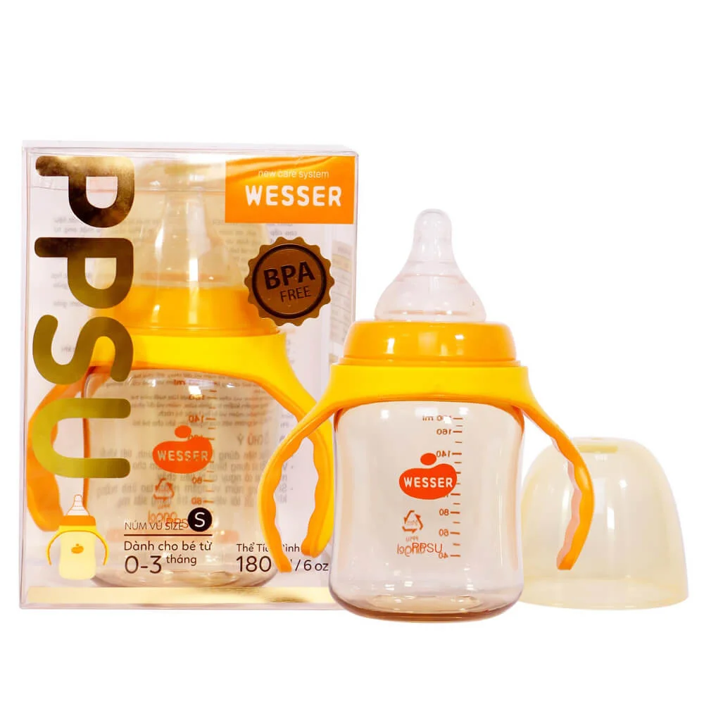 Bình sữa Wesser nhựa PPSU có tay cầm cổ rộng 180ml (Giao bao bì ngẫu nhiên)