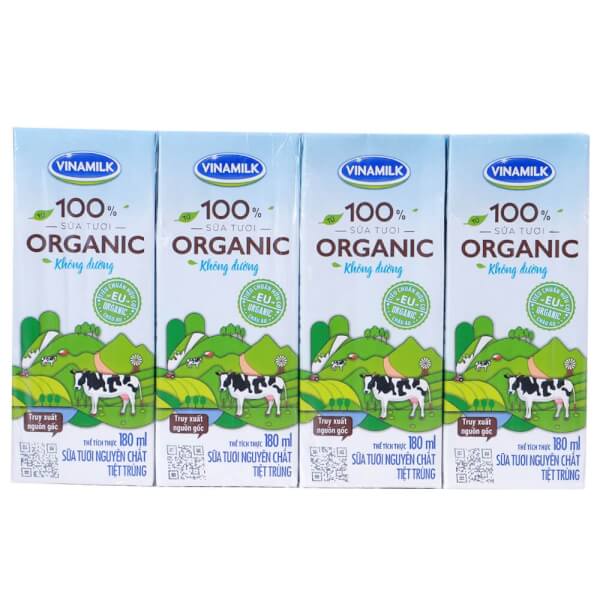 Sữa tươi nguyên chất tiệt trùng - Vinamilk 100 phần trăm Organic 180ml (Lốc 4)