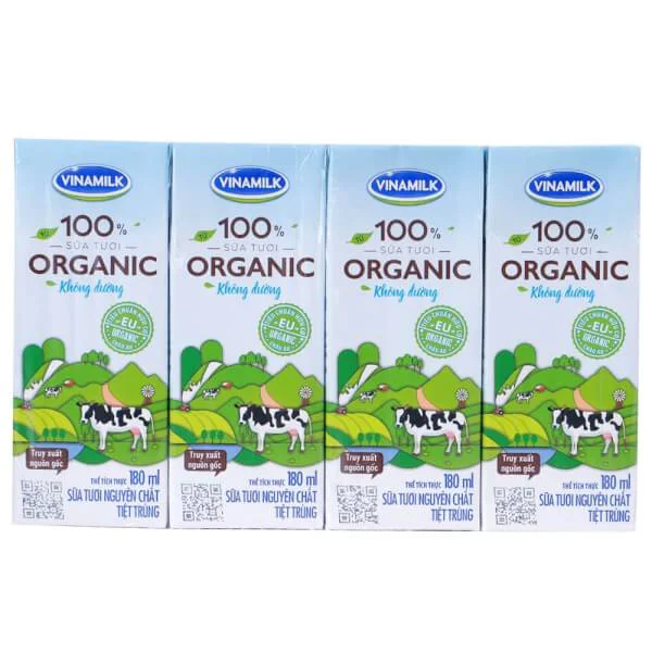 Sữa tươi nguyên chất tiệt trùng - Vinamilk 100 phần trăm Organic 180ml (Lốc 4)
