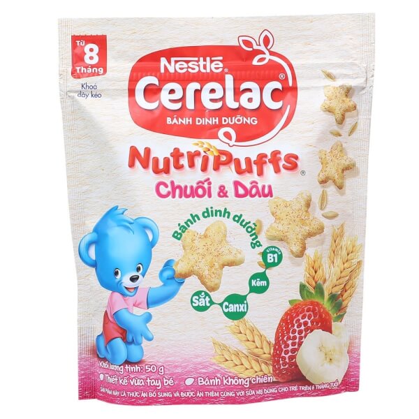 Combo 5 Bánh dinh dưỡng Nestle Cerelac Nutripuffs Vị Chuối và Dâu 50g