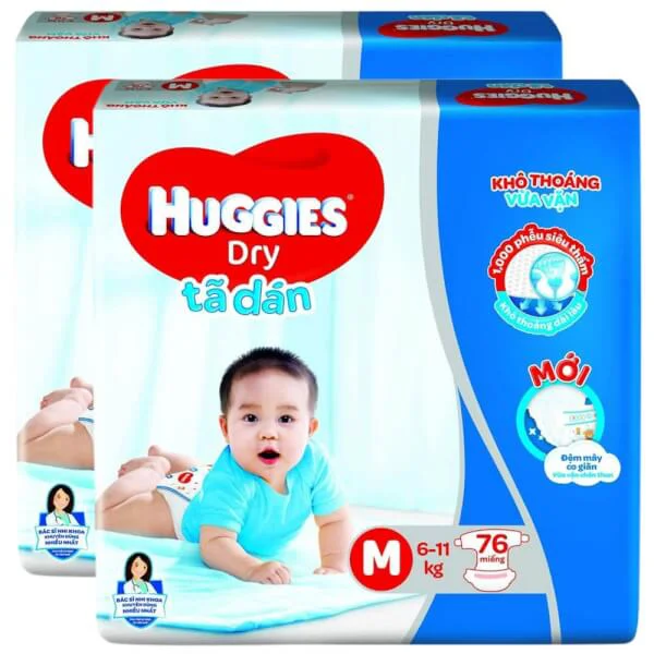 Combo 2 gói Bỉm tã dán Huggies Dry size M 76 miếng (6-11kg)