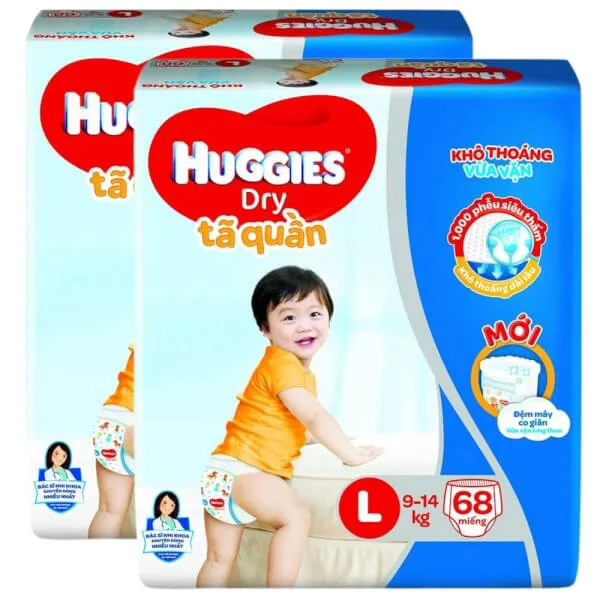 Combo 2 gói Bỉm tã quần Huggies Dry size L 68 miếng (9-14kg) (Sản phẩm sẽ được giao với bao bì ngẫu nhiên)