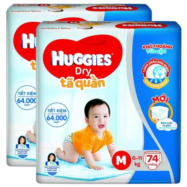 Combo 2 gói Bỉm tã quần Huggies Dry size M 74 miếng (6-11kg) (Sản phẩm sẽ được giao với bao bì ngẫu nhiên)