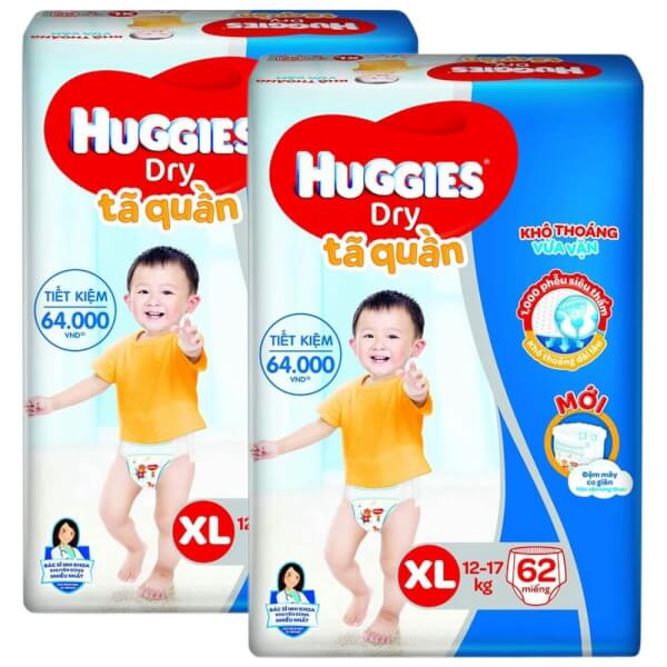 Combo 2 gói Bỉm tã quần Huggies Dry size XL 62 miếng (12-17kg) (Sản phẩm sẽ được giao với bao bì ngẫu nhiên)