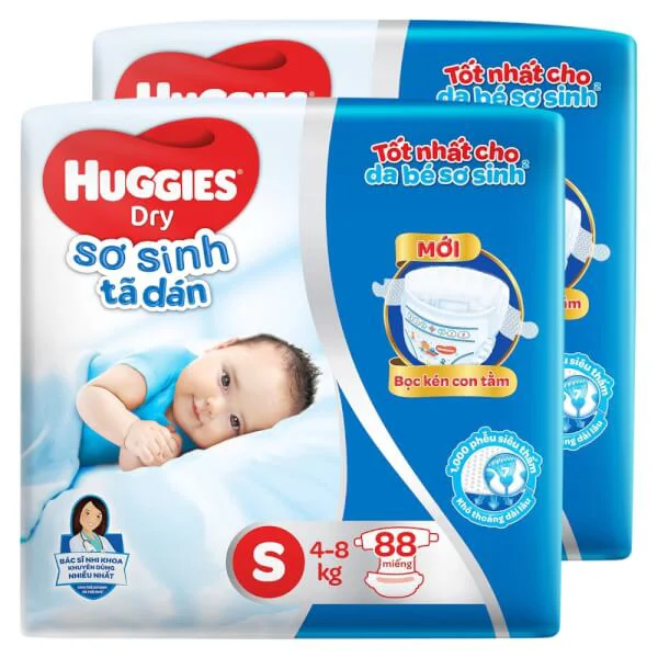 Combo 2 gói Bỉm tã dán sơ sinh Huggies Dry size S 88 miếng (4-8kg)