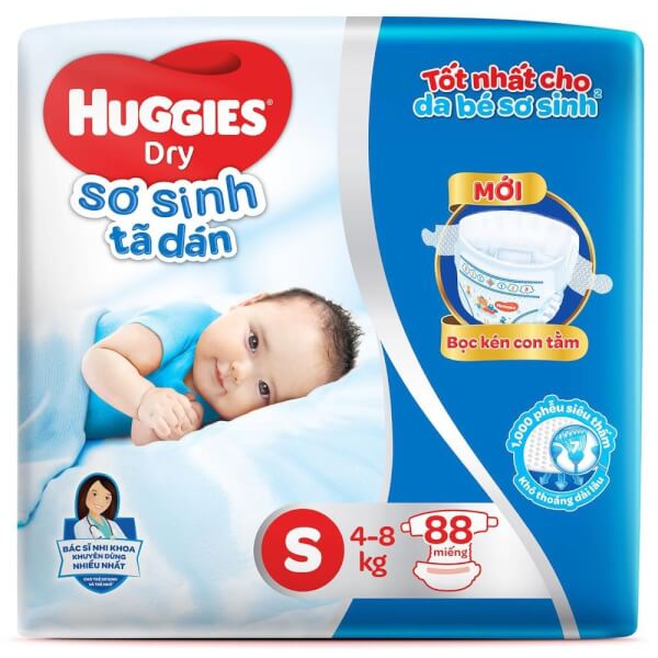 Combo 2 Bỉm tã dán sơ sinh Huggies Dry size S 88 miếng (4-8kg) (Sản phẩm được giao với bao bì ngẫu nhiên)