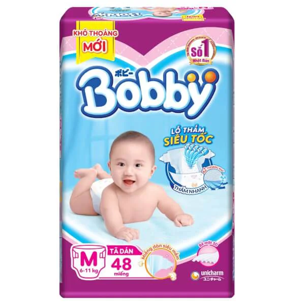 Bỉm tã dán Bobby siêu thấm size M 48 miếng (6-11kg)