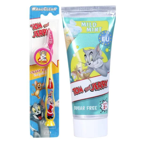 Combo 1 Bàn chải em bé Oral Clean Crazy kids soft (màu vàng) và 1 Kem đánh răng Oral Clean Tom