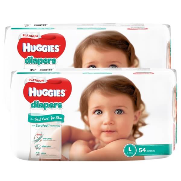 Combo 2 gói Bỉm tã dán Huggies Platinum size L 54 miếng (9-14kg)