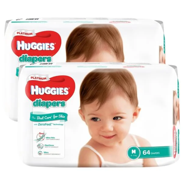 Combo 2 gói Bỉm tã dán Huggies Platinum size M 64 miếng (6-11kg)