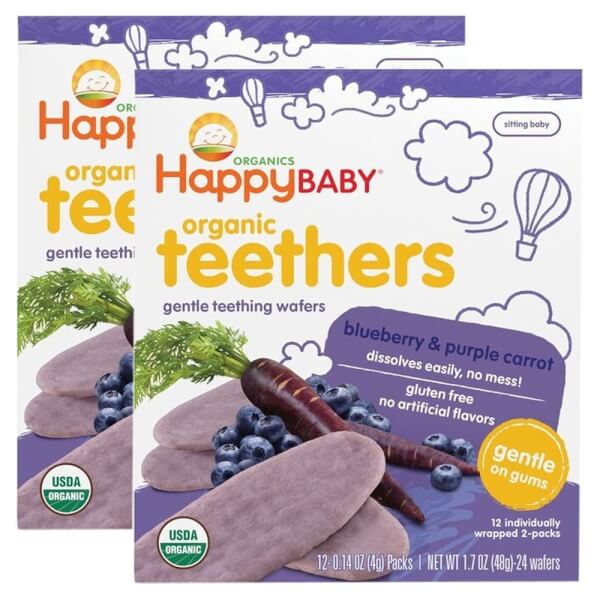 Combo 2 Bánh xốp hữu cơ vị việt quất và cà rốt tím Happy Baby Teethers Organic, 4gr/gói x 12