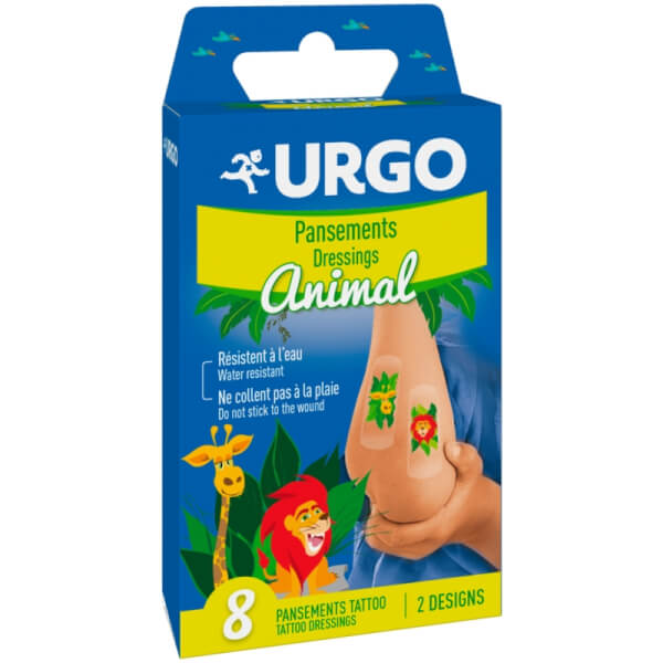 Combo 1 Băng keo cá nhân dành cho trẻ em- Urgo Tattoo Dressing - 8 miếng và 1 Băng keo cá nhân hình thú - Urgo Animal Tattoo Dressing, 8 miếng