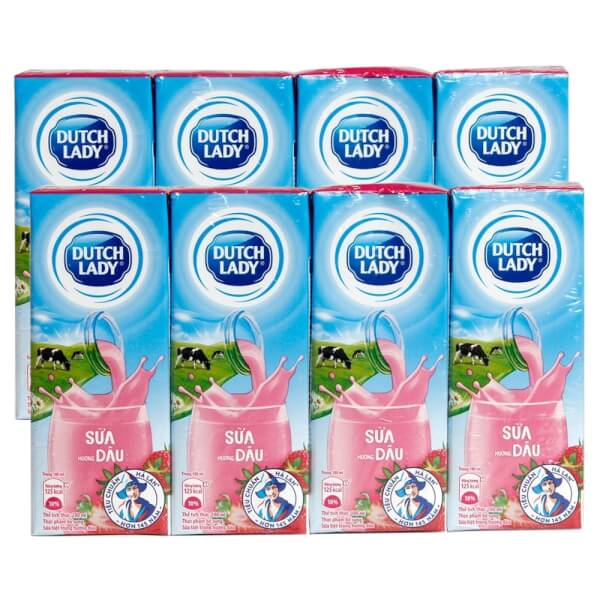 Combo 2 lốc sữa tiệt trùng hương dâu Dutch Lady 180ml - Lốc 4 hộp