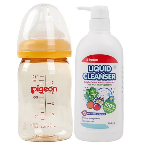 Combo 1 Dung dịch súc rửa bình sữa Pigeon chai (700ml) và 1 Bình sữa Pigeon nhựa PPSU cổ rộng 160ml (Vàng)