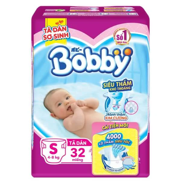 Bỉm tã dán Bobby siêu thấm size S 32 miếng (4-8kg)