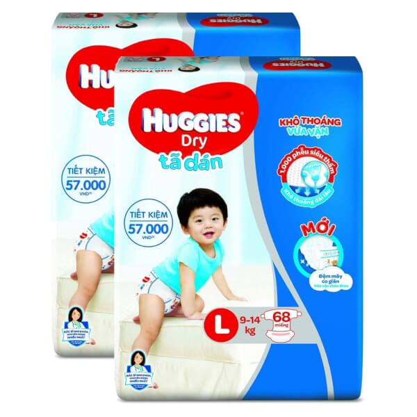 Combo 2 gói Bỉm tã dán Huggies Dry size L 68 miếng (9 - 14kg)