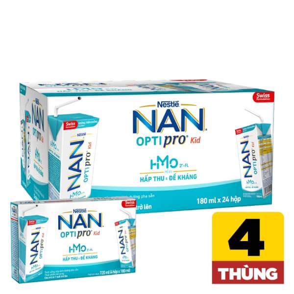 Combo 4 thùng Sữa dinh dưỡng pha sẵn Nestlé NAN OPTIPRO Kid 180ml (Lốc 4 hộp)
