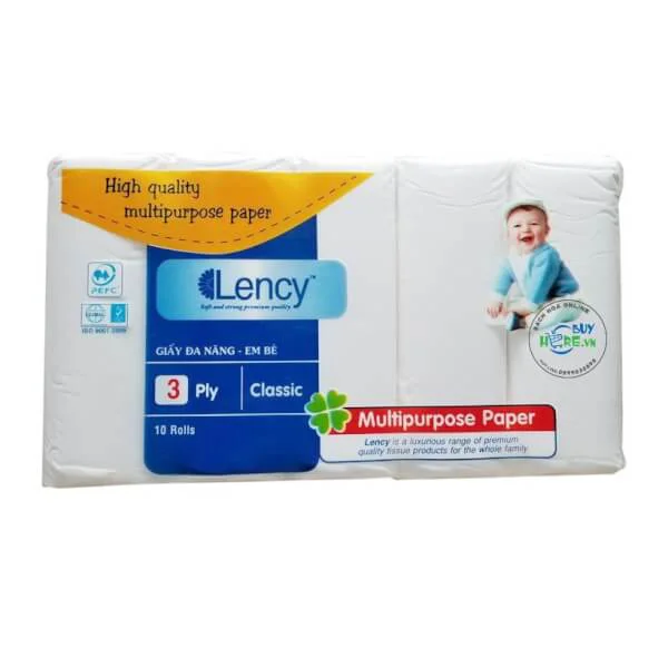 Giấy đa năng 3 lớp em bé Lency không lõi lốc 10 cuộn
