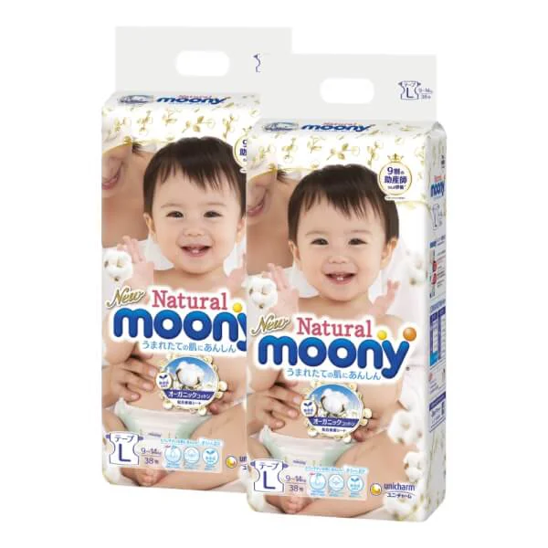 Combo 2 gói Bỉm tã dán Moony Natural size L 38 miếng (9-14kg)