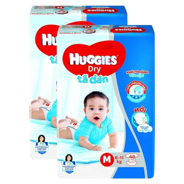 Combo 2 gói Bỉm tã dán Huggies Dry size M 48 miếng (6-11kg)