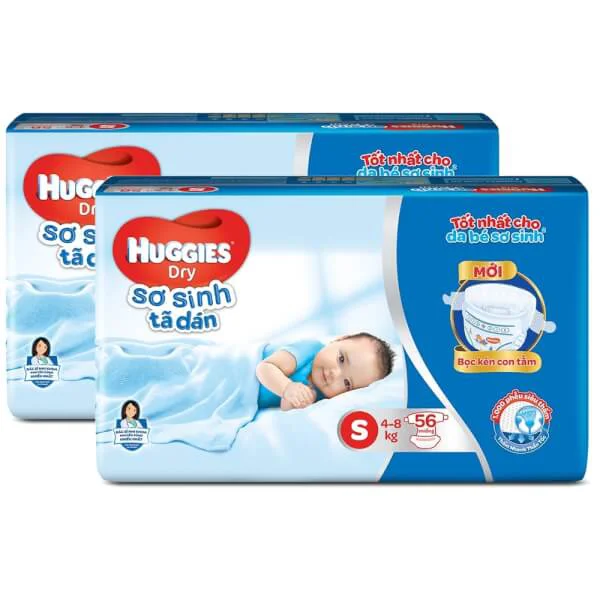 Combo 2 gói Bỉm tã dán sơ sinh Huggies Dry size S 56 miếng (4-8kg)